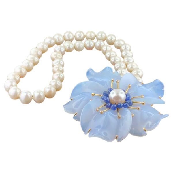 Chalcedony, Pearl, Blue Sapphire & Diamond Necklace and Brooch